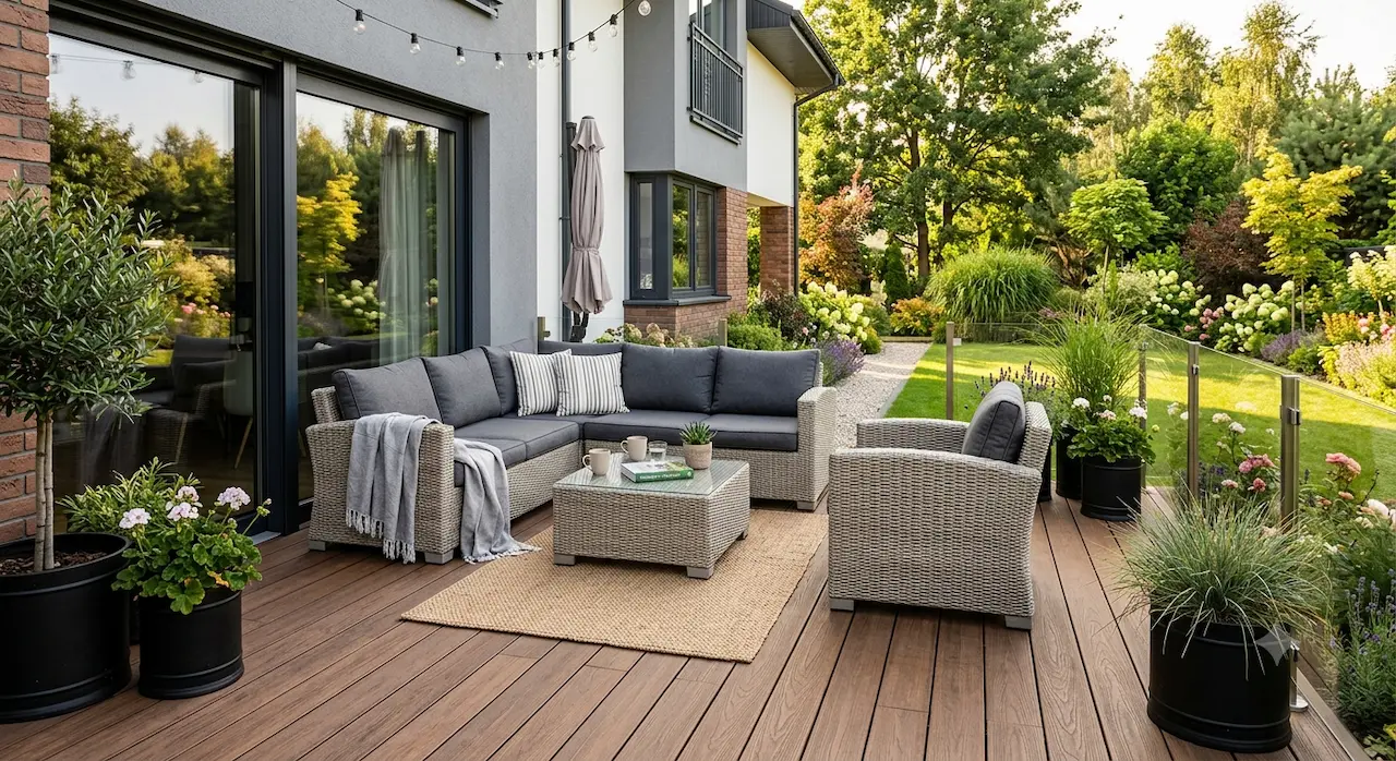 Taras kompozytowy w odcieniu orzecha z tarasowymi meblami